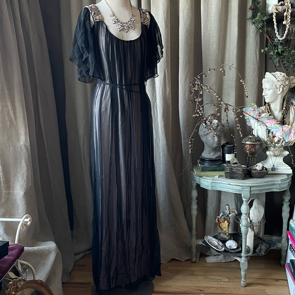 Aidan Mattox Black Sheer Maxi Dress with Embellished Shoulders